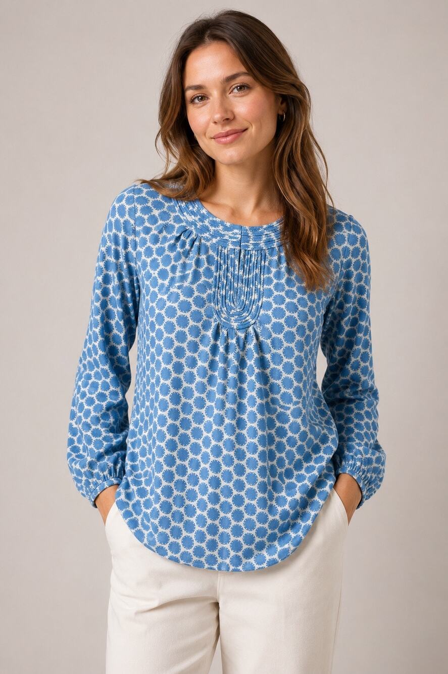 Boden Blue Printed Pintuck Peasant Blouse Size 4